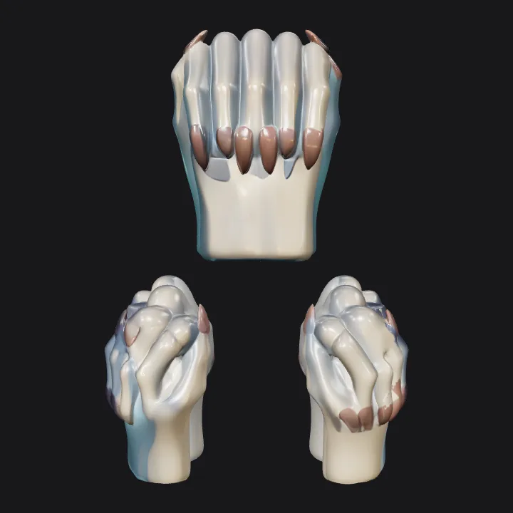 Stylized human hands with exaggerated nails. smooth edges, complex geometry, character.