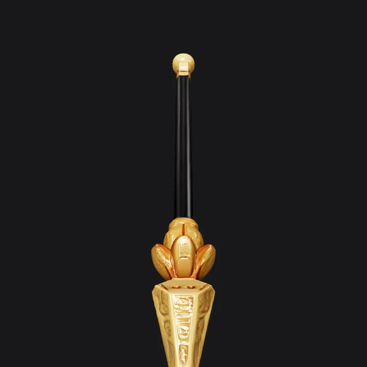 Golden spear with ornate tip. sharp edges, complex geometry, game-ready, symmetric geometry.