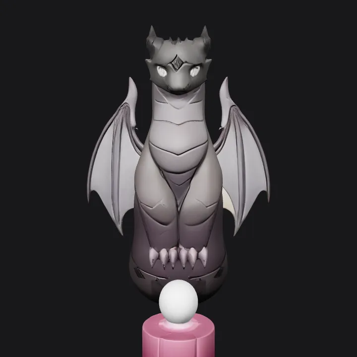 Cute cartoon dragon facing glowing orb. smooth edges, simple geometry, character, symmetric geometry.