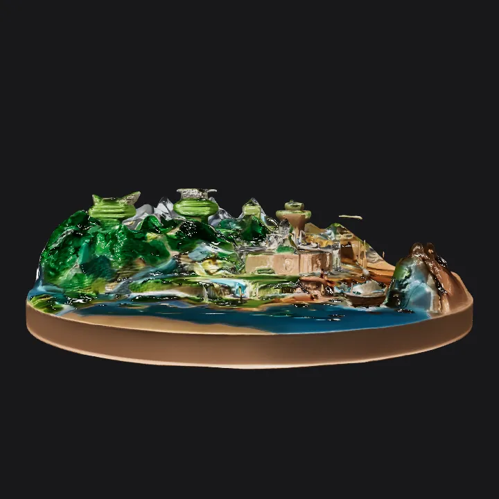 Low-poly tropical island diorama with trees and ship. complex geometry, game-ready.