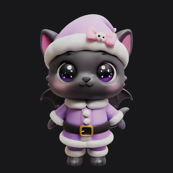 Cartoon bat-themed Santa figure. smooth edges, simple geometry, game-ready, character, symmetric geometry.