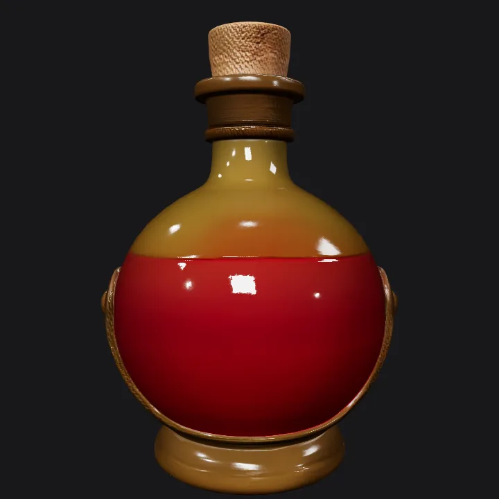 A glass potion bottle with red liquid. smooth edges, simple geometry, symmetric geometry.
