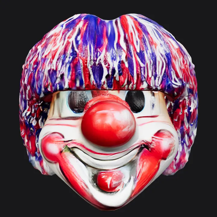 Clown face mask with colorful hair. smooth edges, complex geometry, character, symmetric geometry.