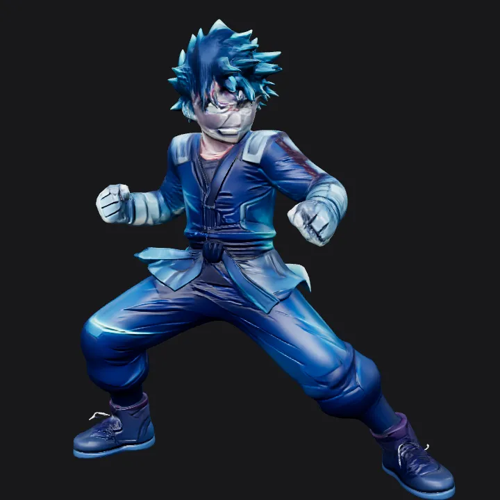 Anime-style fighter with glowing energy rings. complex geometry, sharp edges, character.