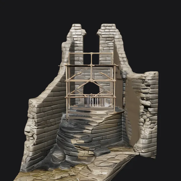 Ruined stone staircase and wall. sharp edges, complex geometry.