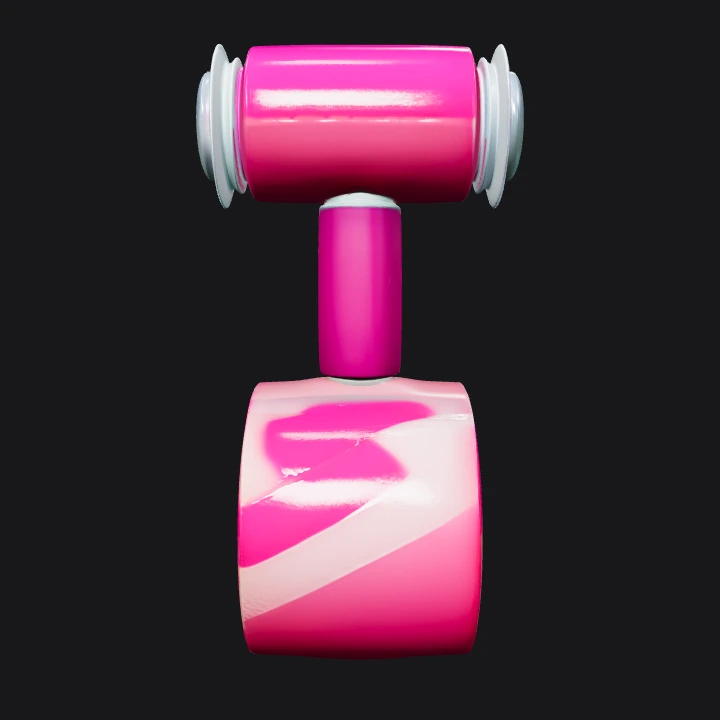 Pink toy hammer with cylindrical head. smooth edges, simple geometry, symmetric geometry.