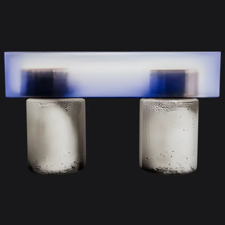 Modern minimalist bench with blue top. smooth edges, simple geometry, symmetric geometry.