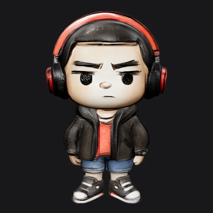 cartoon figure with headphones and jacket. smooth edges, simple geometry, character, symmetric geometry.