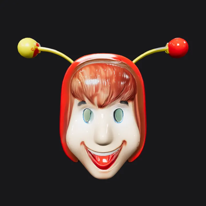 person wearing cartoon bug costume headgear. smooth edges, simple geometry, character, symmetric geometry.