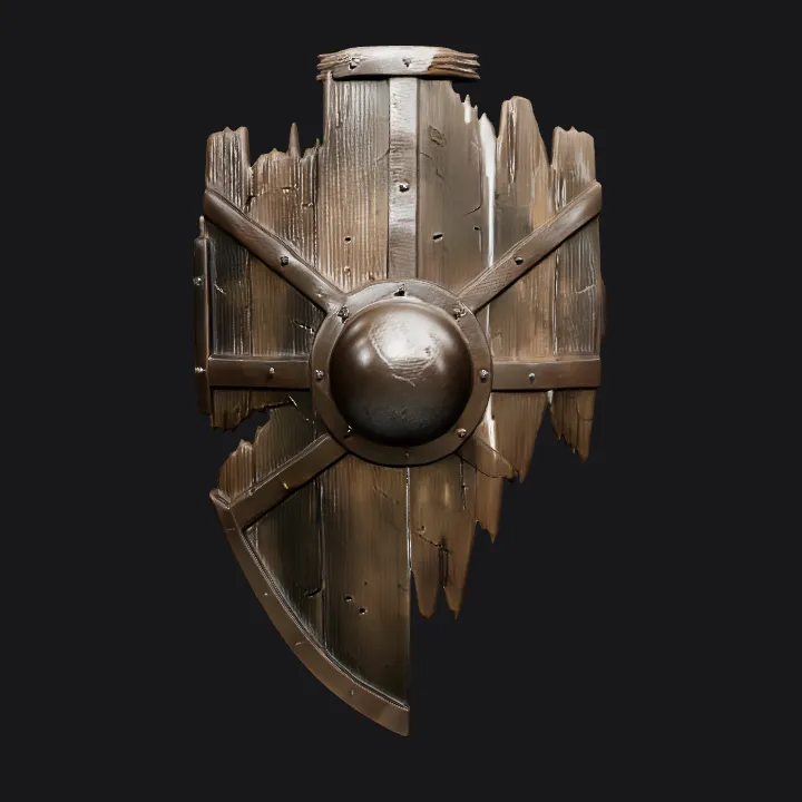 Old wooden shield with metal reinforcements. sharp edges, complex geometry, game-ready.