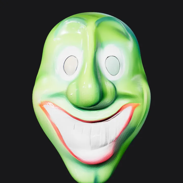 Green smiling face mask with big teeth. smooth edges, simple geometry, character, symmetric geometry.