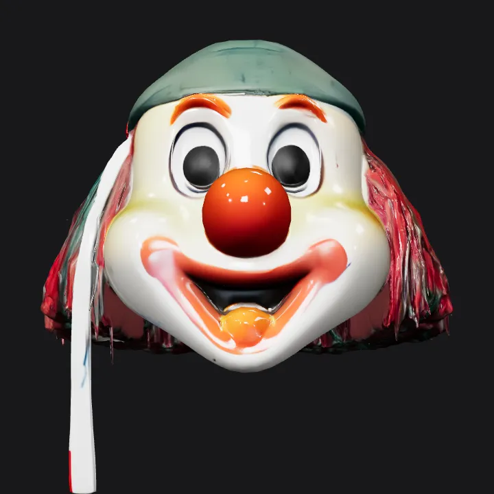 Clown face mask with yarn hair. smooth edges, simple geometry, character.
