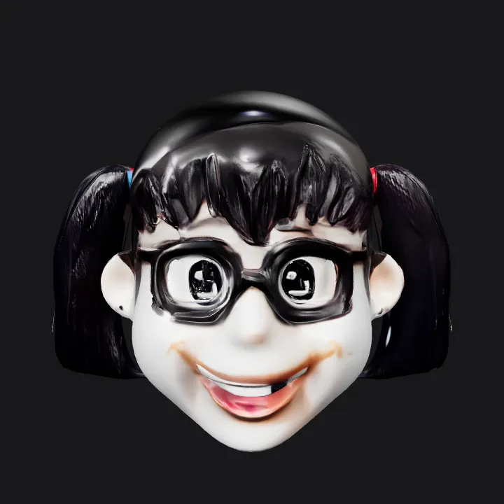 Girl doll head with black pigtails. smooth edges, simple geometry, character, symmetric geometry.