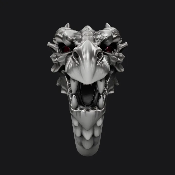 Silver ring shaped like a dragon head. sharp edges, complex geometry, game-ready.