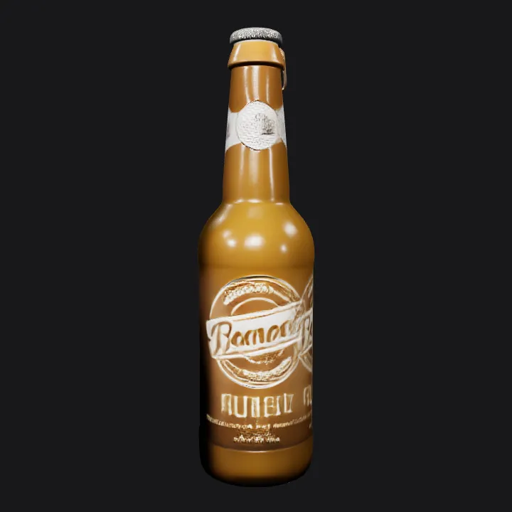 Brown beer bottle with label. smooth edges, simple geometry, symmetric geometry.