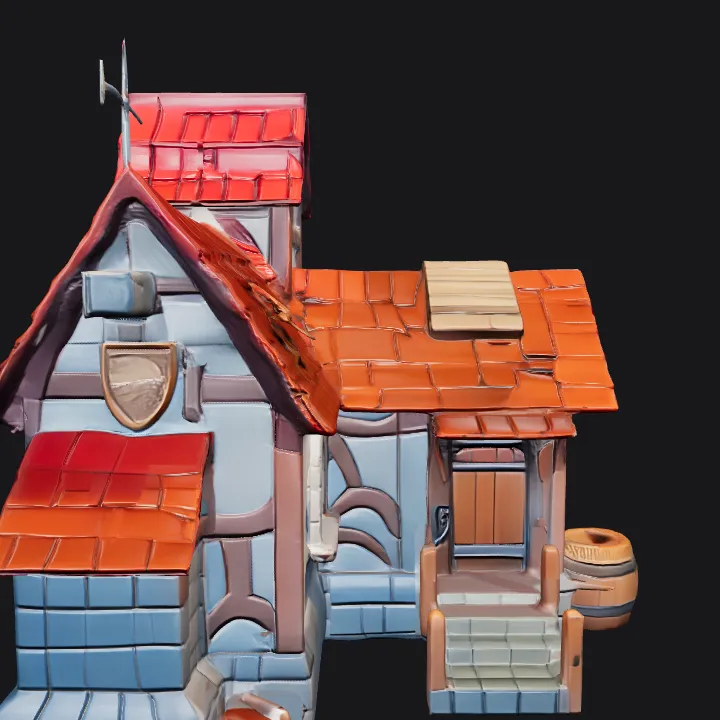 Cartoon medieval house with red roof. sharp edges, complex geometry, game-ready.