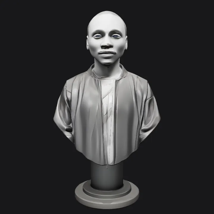 Bust sculpture with detailed jacket. smooth edges, complex geometry, character, symmetric geometry.