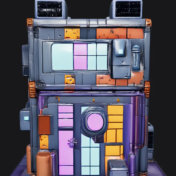 futuristic two-story building with neon windows. sharp edges, complex geometry, game-ready.