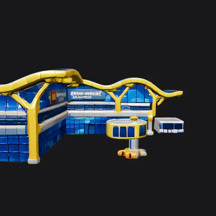 Modern airport terminal exterior view. sharp edges, complex geometry, game-ready.