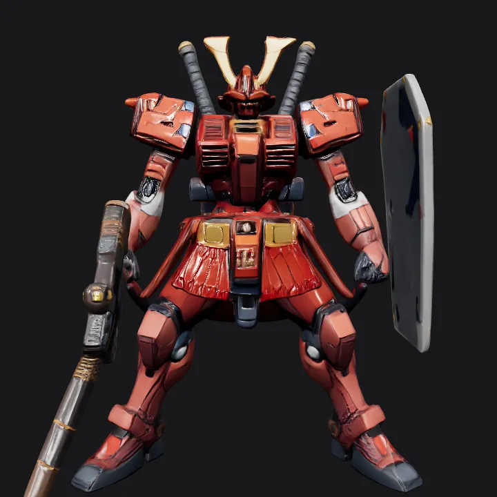 Samurai-themed red robot holding weapon and shield. sharp edges, complex geometry, game-ready, character.