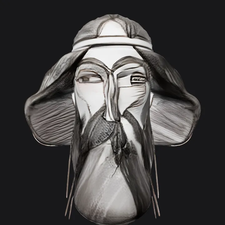 Sketch of a bearded man with headband. sharp edges, complex geometry, character.