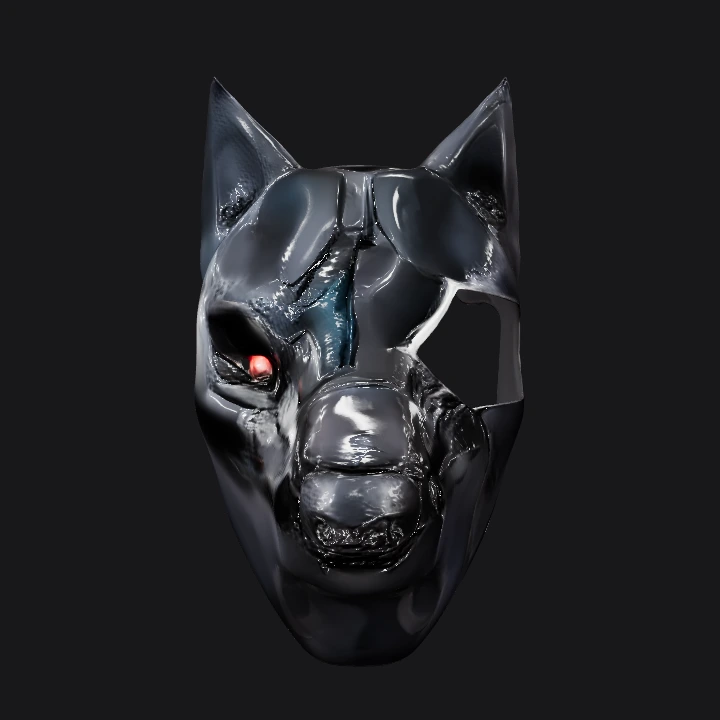 Black wolf mask with broken section. sharp edges, complex geometry.