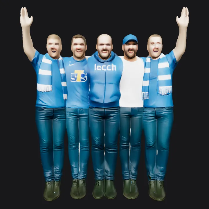 Group of five people in blue sports attire. complex geometry, character.