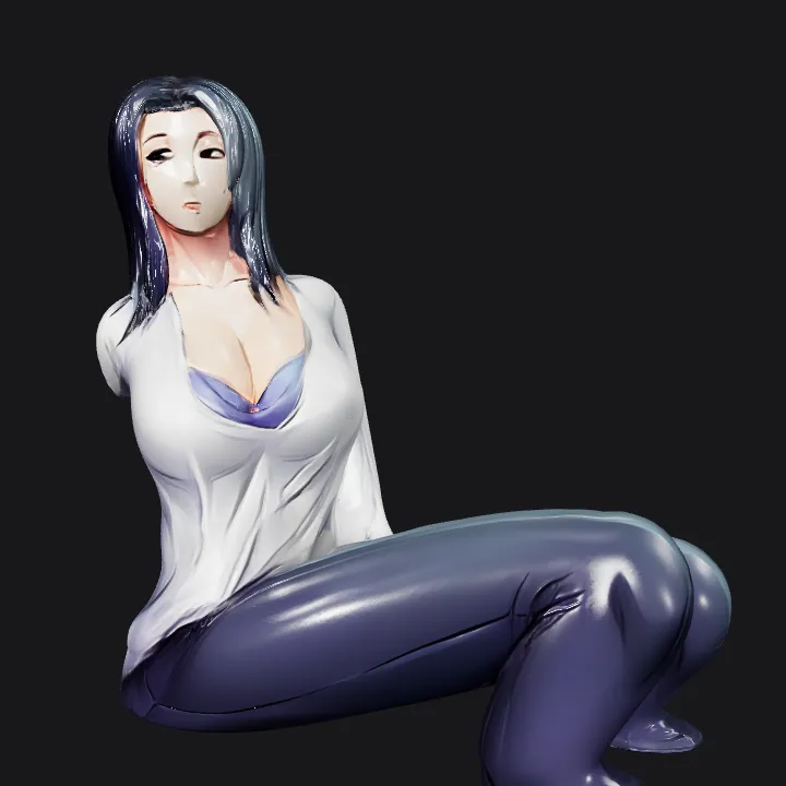 Female adult sitting, casual attire. complex geometry, character.
