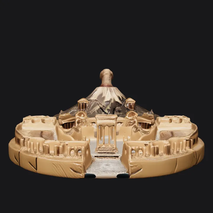 Model of ancient city with erupting volcano. sharp edges, complex geometry, game-ready, symmetric geometry.