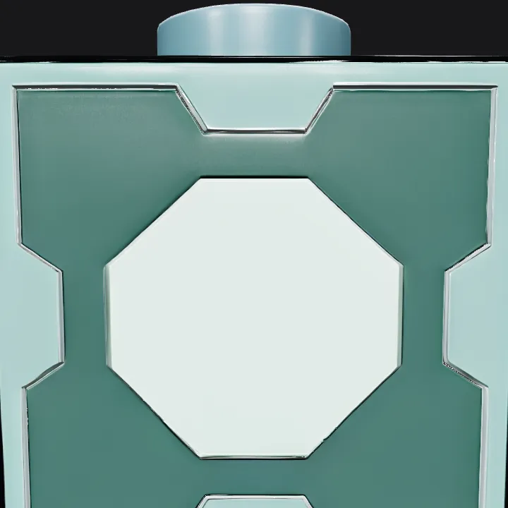 Futuristic glowing cube with a blue button. sharp edges, simple geometry, game-ready, symmetric geometry.