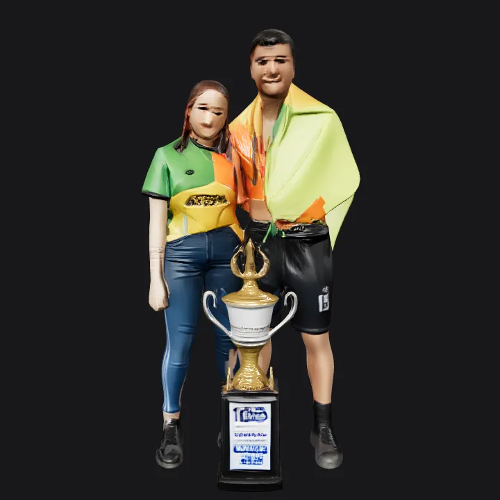 Two people with a trophy on stand. complex geometry, smooth edges, character.
