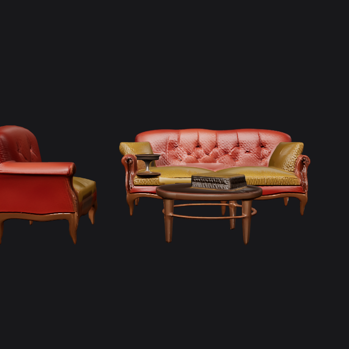 Classic living room furniture set on platform. complex geometry, smooth edges.