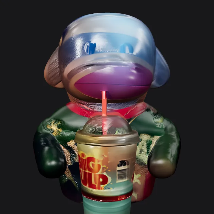 Sock monkey plush holding a Big Gulp cup. smooth edges, simple geometry, character.