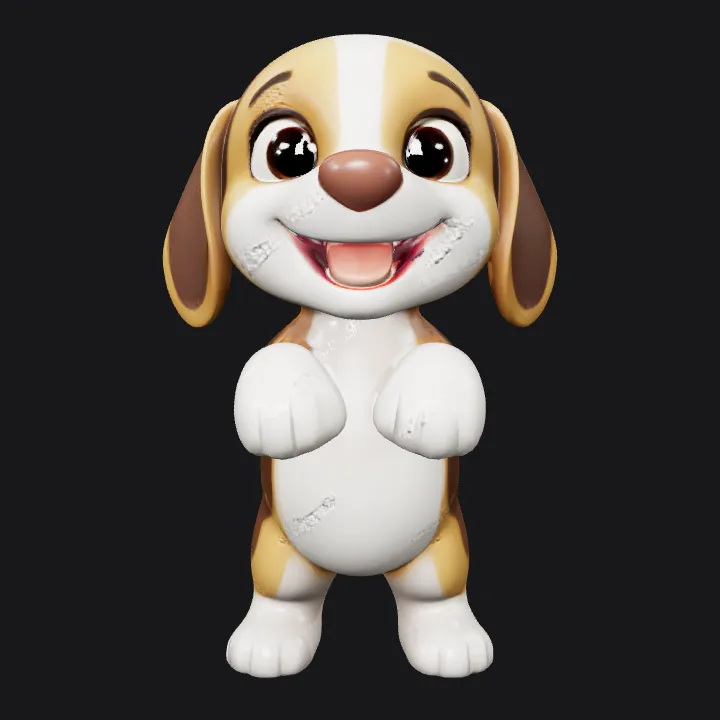 Cartoon puppy standing and smiling. smooth edges, simple geometry, game-ready, character, symmetric geometry.