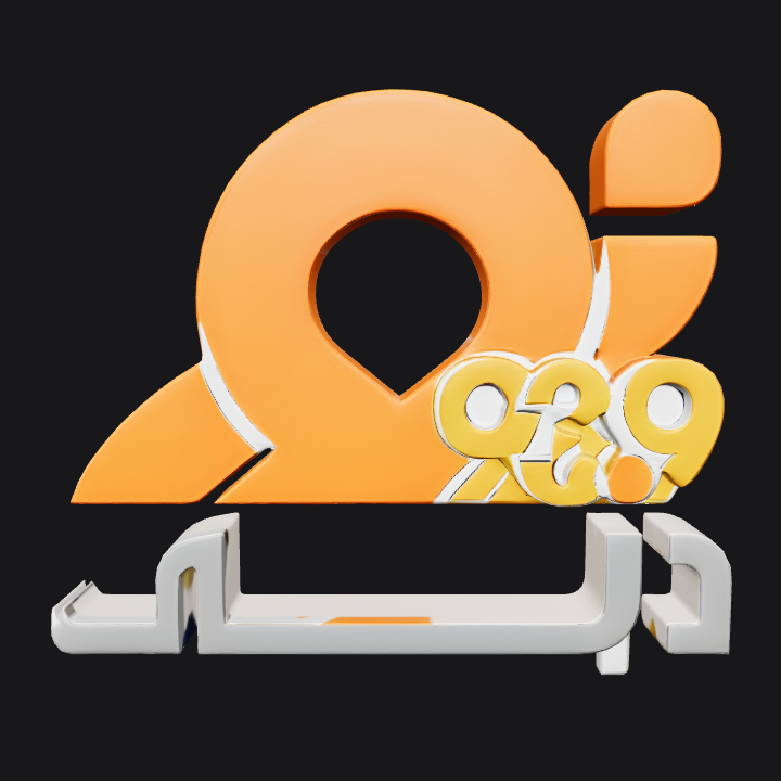 Radio station logo with Arabic text and numbers. sharp edges, simple geometry.