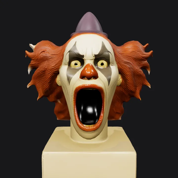 Clown bust with open mouth. smooth edges, complex geometry, character, symmetric geometry.
