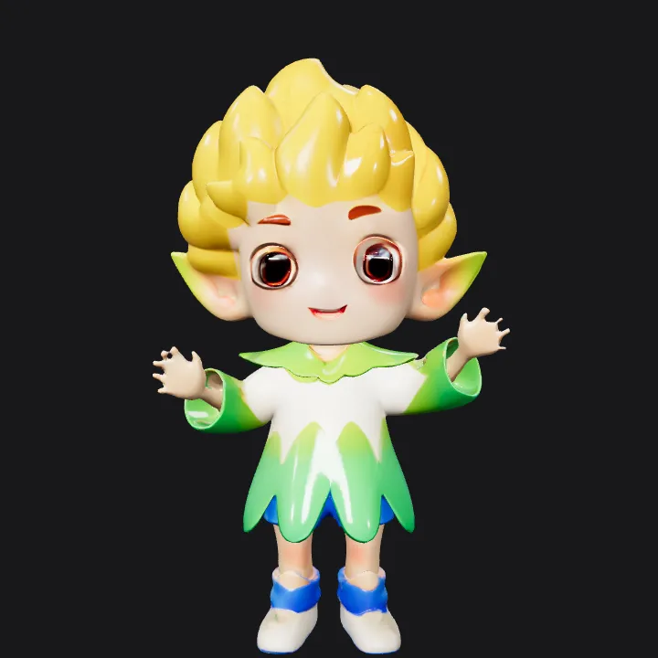 cartoonish child in leaf costume. smooth edges, complex geometry, game-ready, character.