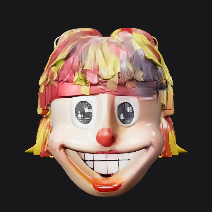 Head with multicolored yarn hair. complex geometry, smooth edges, character.