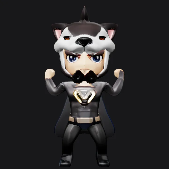 cartoon character in black costume. smooth edges, complex geometry, game-ready, character, symmetric geometry.