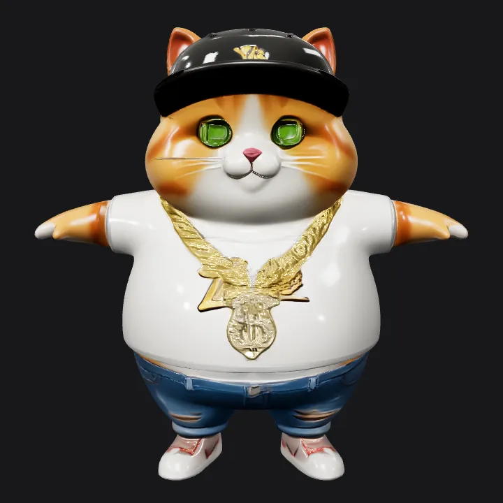 Chubby cartoon animal with hip-hop outfit. smooth edges, complex geometry, game-ready, character, symmetric geometry.