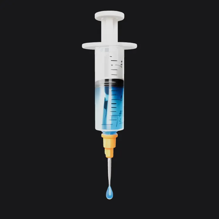 A syringe with blue liquid. sharp edges, smooth edges, simple geometry, game-ready, symmetric geometry.