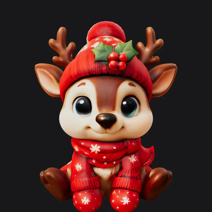 Cute cartoon reindeer in winter outfit. smooth edges, complex geometry, game-ready, character, symmetric geometry.