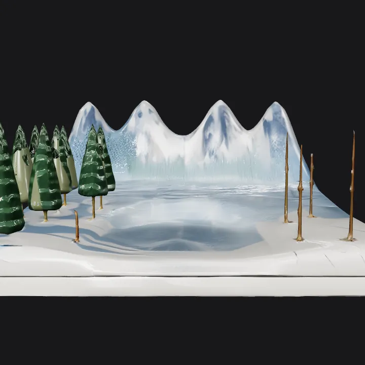 frozen lake with snowy pine forest. smooth edges, simple geometry, game-ready.