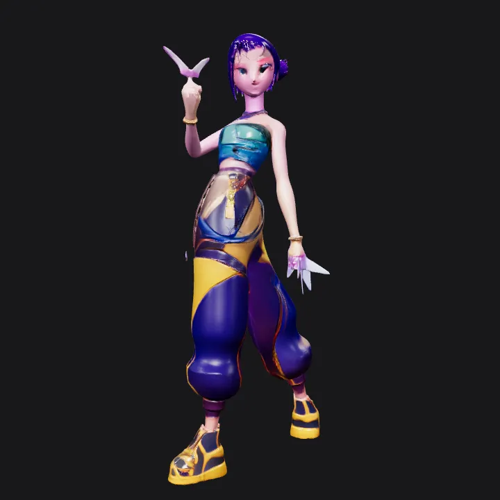 stylized woman holding futuristic daggers. smooth edges, complex geometry, game-ready, character.