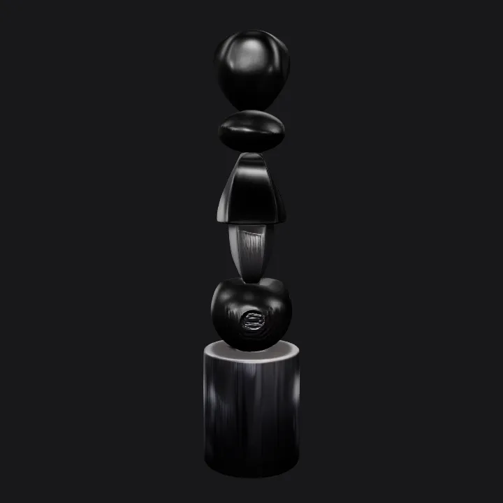 Stacked abstract black stone sculpture. smooth edges, simple geometry.