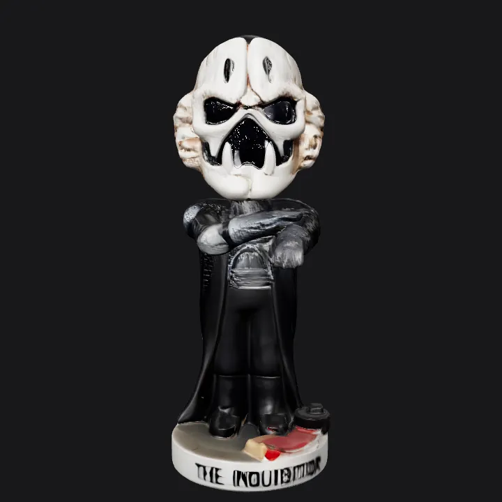 Skeleton head bobblehead figure in black robe. complex geometry, smooth edges, character.