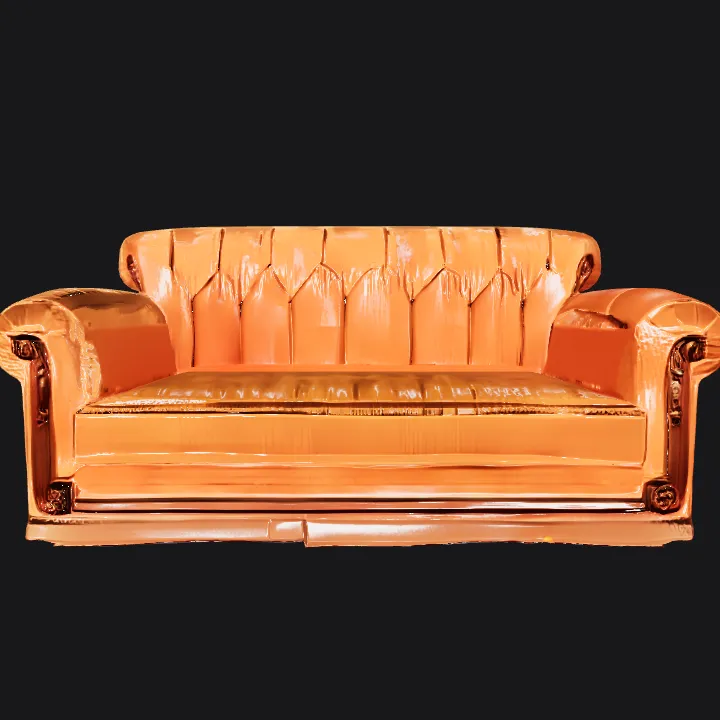 Vintage orange velvet sofa couch. smooth edges, complex geometry, symmetric geometry.
