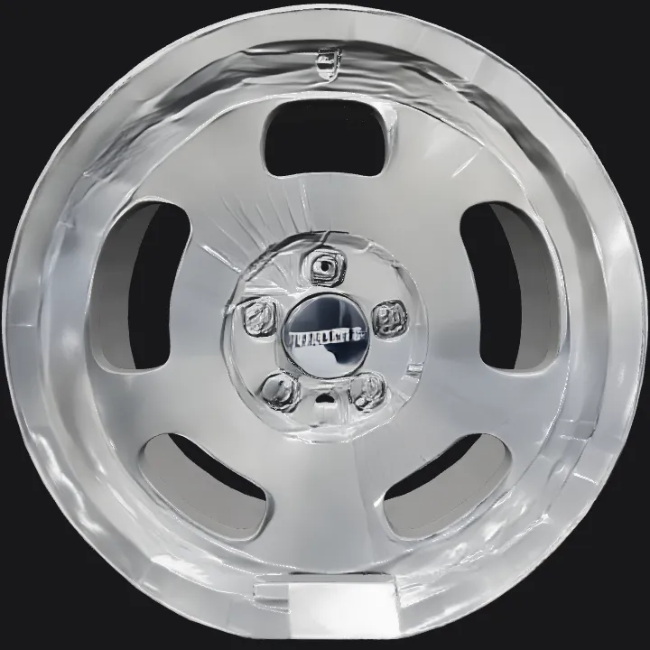 A car alloy wheel displayed in a shop. sharp edges, simple geometry, symmetric geometry.