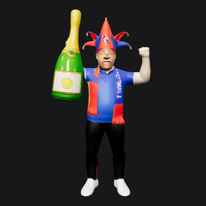 Person in football fan costume and jester hat. complex geometry, smooth edges, character.
