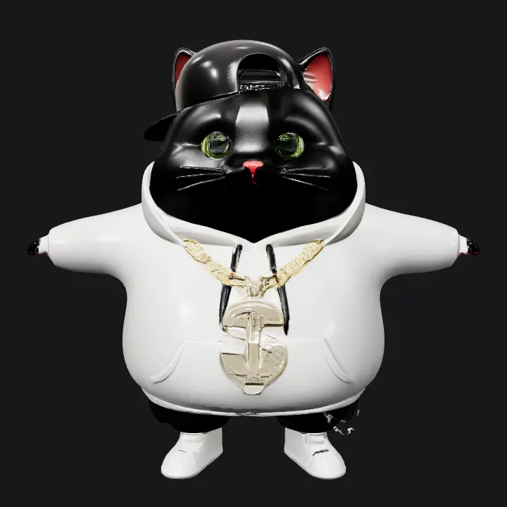 Cartoon black cat in hip-hop attire. smooth edges, complex geometry, game-ready, character, symmetric geometry.